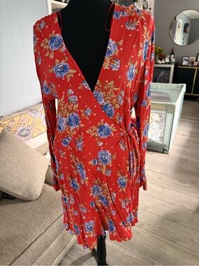Zara Red Floral Wrap Dress with Blue Flowers